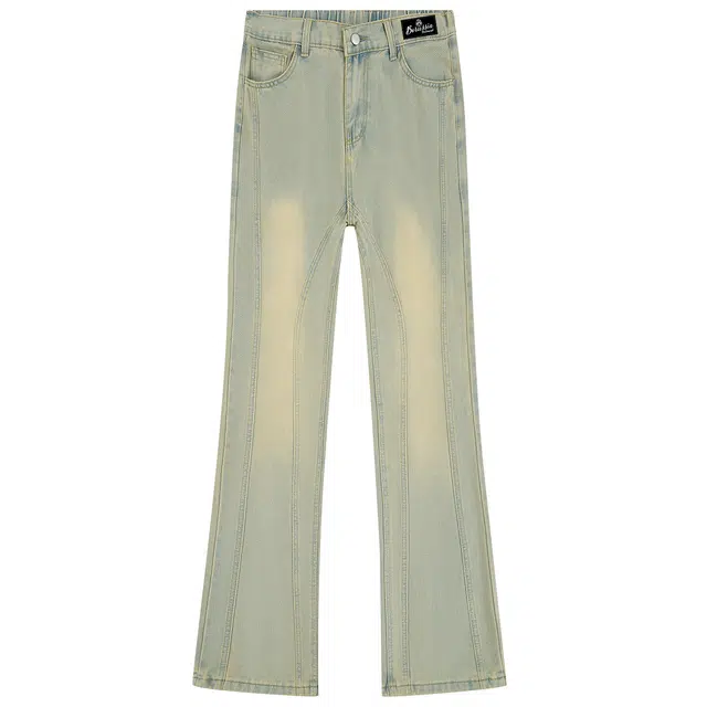 普鲁士多特蒙德 美式高街巴黎废土风重工水洗做旧垂感立体线条切割柔软休闲宽松百搭中腰日常直筒微喇牛仔裤 男女同款