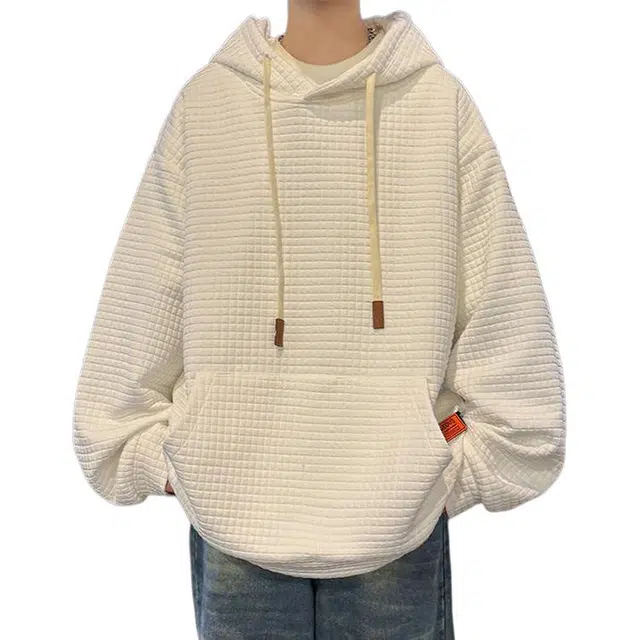 冈哉  春秋季港风复古华夫格纹理设计连帽长袖上衣基础款宽松松弛慵懒感个性学院风减龄日常通勤 卫衣 男女同款