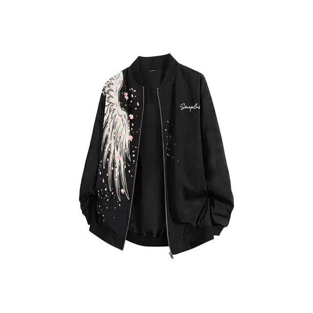 哲源 美式复古高街棒球服玫瑰羽翼立体印花字母刺绣设计感男款春秋外套潮牌百搭宽松舒适日常通勤潮流痞帅休闲卫衣 男女同款