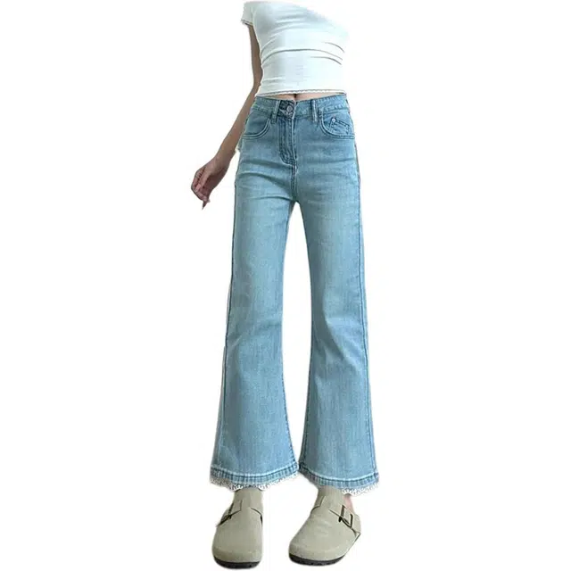 苏九儿 微喇蕾丝花边显瘦不贴腿直筒牛仔裤 女款