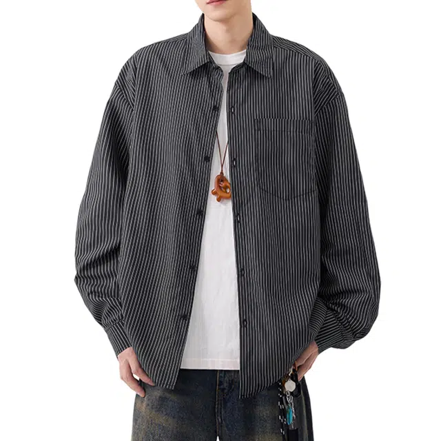 冈哉 美式复古细条纹拼接简约基础款设计休闲柔软舒适透气抗皱显瘦修身打底长袖衬衫 男女同款