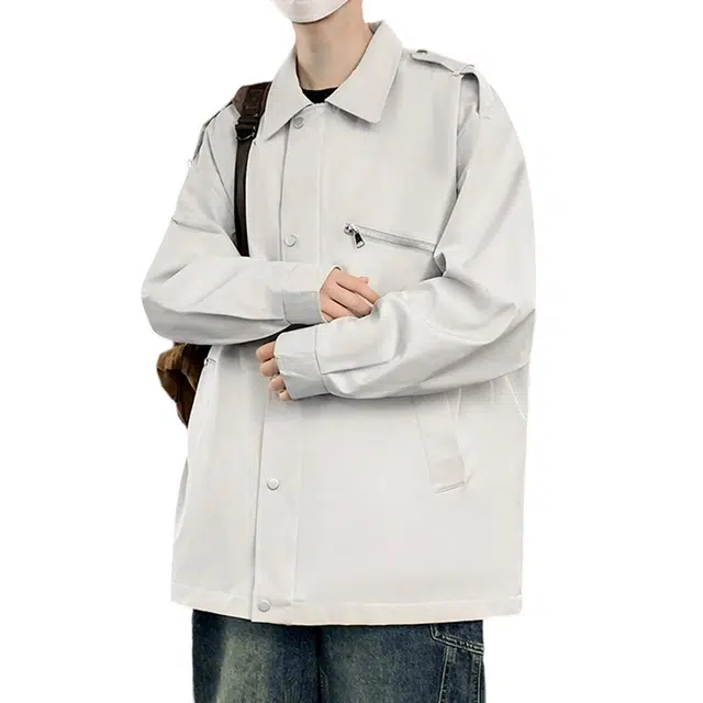 顶峰保罗 美式复古潮牌纯色飞行员翻领长袖机车外套无性别主义直筒休闲工装上衣宽松加肥加大简约百搭高街夹克 男女同款