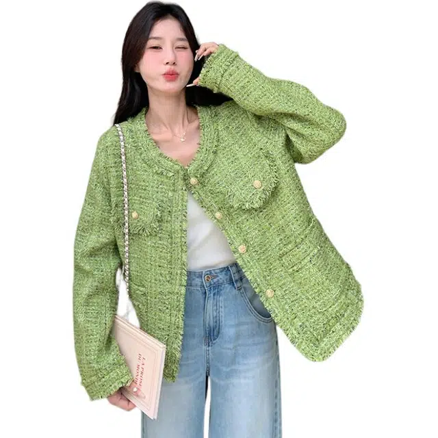 稻草人 单排扣宽松时尚小香风毛须款秋冬截短外套 女款