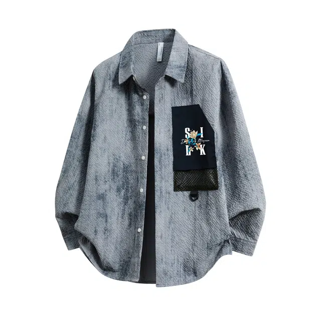 敦煌博物馆 美式高街扎染花卉字母印花泡泡格撞色大口袋翻领落肩长袖学院风百搭运动休闲衬衫 男女同款