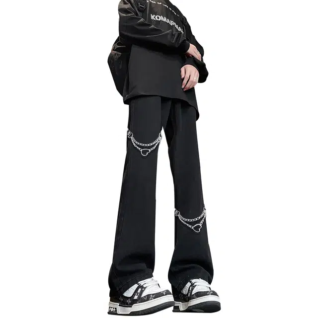 【重工绑带链条拼接】布客行 微喇修身显高显瘦显腿长潮牌休闲百搭美式高街复古纯色基础款水洗做旧废土风通勤弹力牛仔裤 男女同款