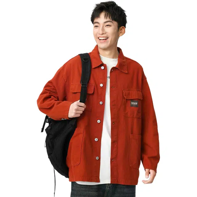 米素力 复古重磅牛仔纯色落肩袖长袖翻领宽松型夹克 男女同款