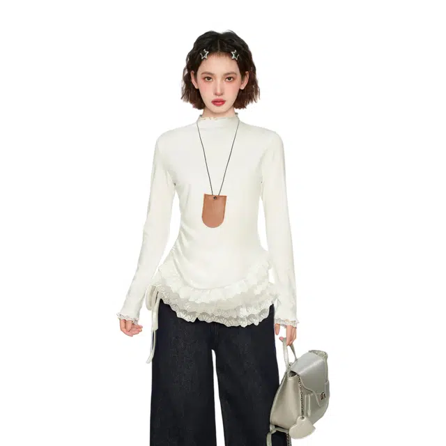 柏黛妃 蕾丝长袖内搭打底衫修身小衫上衣针织衫 女款