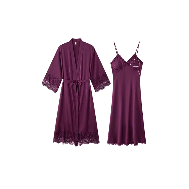潞优野 优雅轻奢吊带睡袍冰雪丝透气亲肤睡裙性感舒适蕾丝带胸垫两件套秋季睡衣套装 女款