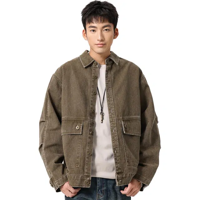 米素力 水洗做旧仿牛仔复古纯色落肩袖宽松型美式夹克 男女同款