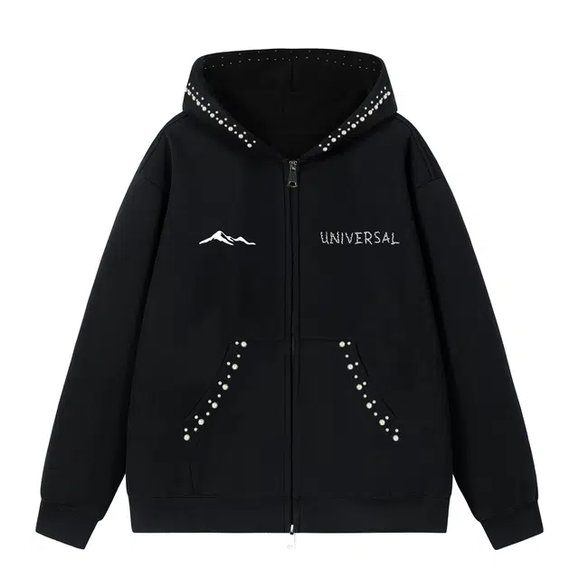 物质公式 美式复古高街潮牌嘻哈痞帅仿立体珍珠印花简约时尚基础款日常通勤重磅宽松百搭防风飞行员教练外套拼接装饰连帽潮流夹克 男女同款