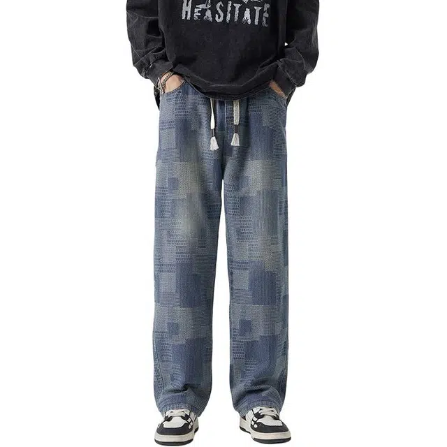 华夏儿女 美式潮牌休闲宽松直筒百搭牛仔裤 男款