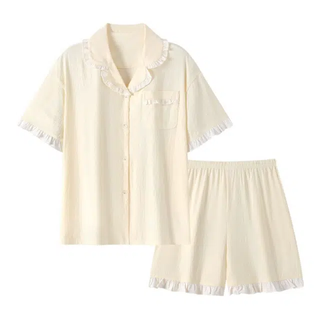 俏韵 翻领夏季云朵棉纯色短袖甜美花边可爱舒适休闲薄款家居服可外穿睡衣套装 女款