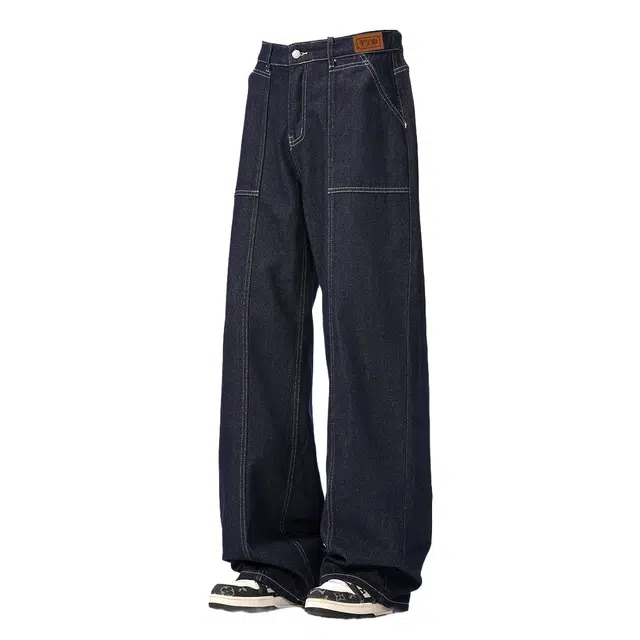 半空山 美式复古高街明线装饰轻奢老钱柔软舒适垂感拖地慵懒感宽松百搭直筒阔腿牛仔裤 男女同款