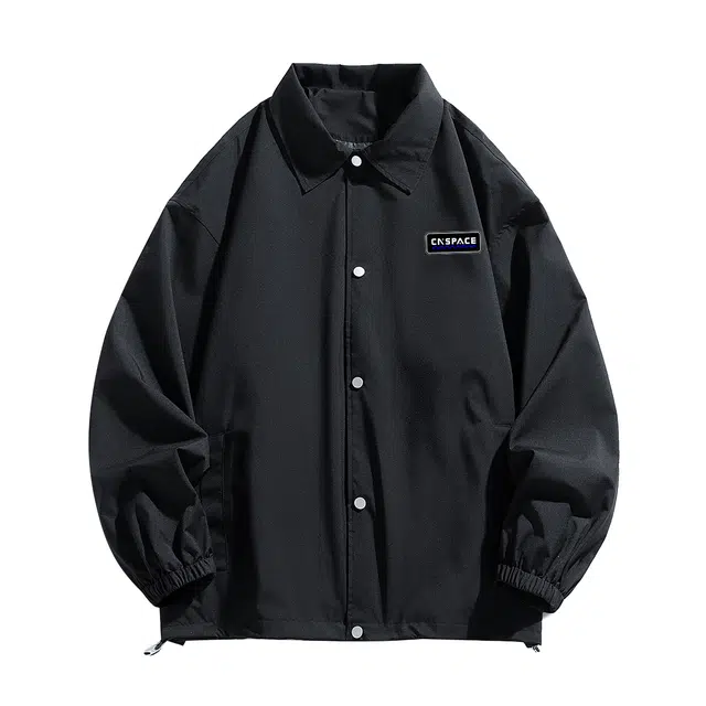 中国航天 美式复古户外运动趣味图案字母印花纯色宽松翻领休闲外套廓形纽扣门襟日常百搭工装夹克 男女同款