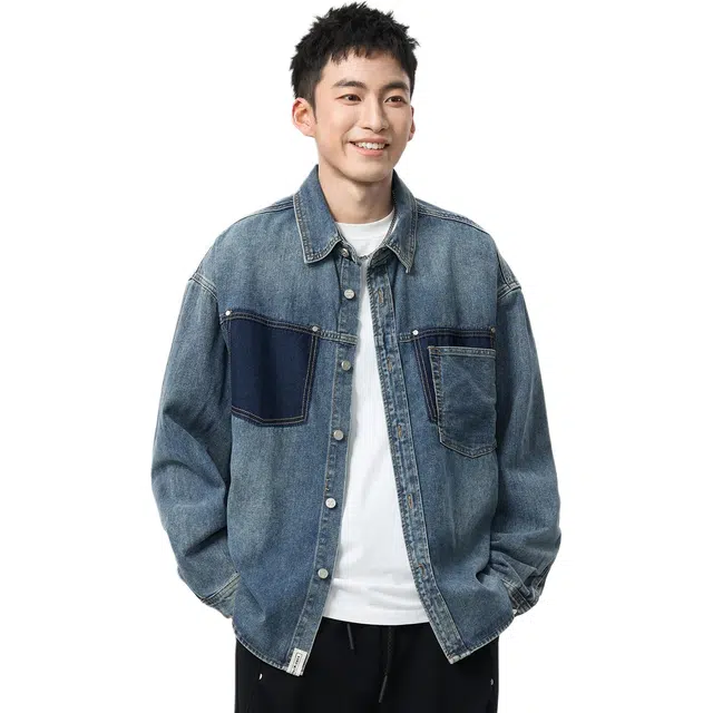 米素力 设计感男士秋季几何图案长袖翻领宽松型牛仔外套 男女同款