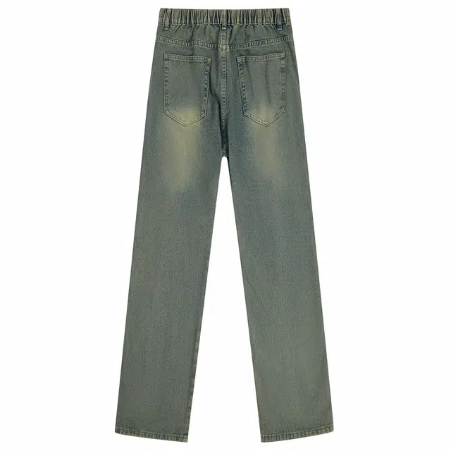 普鲁士多特蒙德 美式高街品牌字母烫标水洗做旧垂感立体多线条切割柔软休闲宽松百搭中腰日常直筒微喇牛仔裤 男女同款