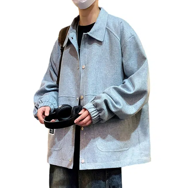 顶峰保罗 港风毛呢潮牌纯色飞行员翻领长袖机车小香风外套无性别主义直筒休闲运动复古工装上衣宽松加肥加大简约百搭高街夹克 男女同款