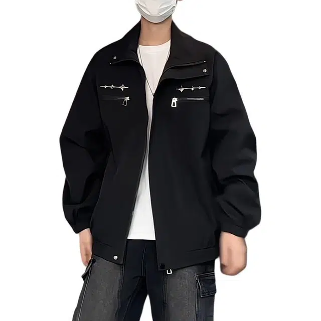 冈哉  美式复古高街简约金属装饰立领宽松痞帅个性潮流潮牌时尚日常通勤舒适亲肤户外机车夹克  男女同款