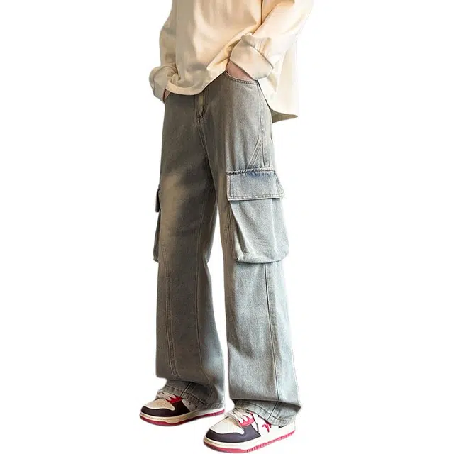 哲源 美式复古高街水洗做旧大口袋渐变直筒潮牌百搭宽松舒适牛仔裤 男女同款
