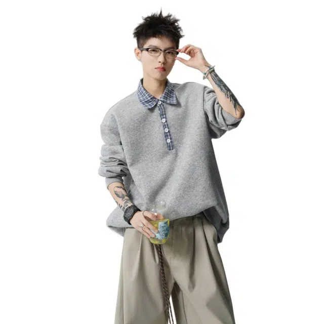 加荣 百搭设计感时尚男士秋装优选单春秋日常舒适高级感满满的上衣假两件格纹拼接长袖秋季男品宽松潮流青春流行男款卫衣 男女同款