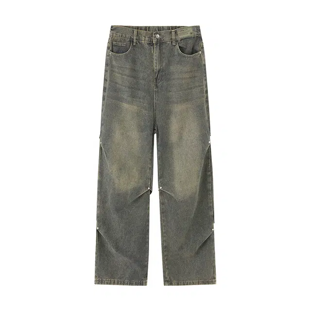 下层基础 港风高街做旧嘻哈街头褶皱堆叠铆钉结构设计感透气百搭户外休闲收胯显瘦简约直筒牛仔裤 男女同款