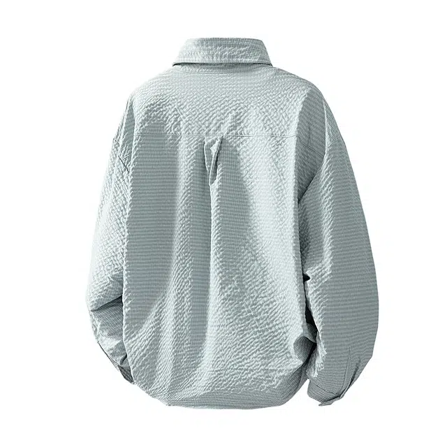 左岸 港风潮流百搭春秋翻领开衫纯色上衣休闲宽松舒适透气衬衣潮牌肌理感泡泡格子衬衫 男女同款