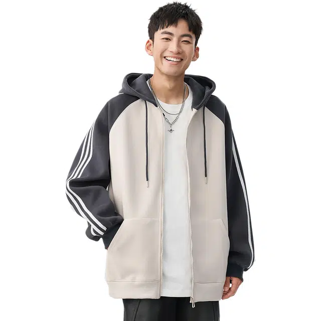 米素力 拼色连帽爆款插肩袖运动风开衫卫衣 男女同款