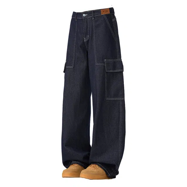 半空山 美式高街原牛明线装饰工装大口袋柔软舒适垂感抗皱宽松百搭日常通勤阔腿牛仔裤 男女同款