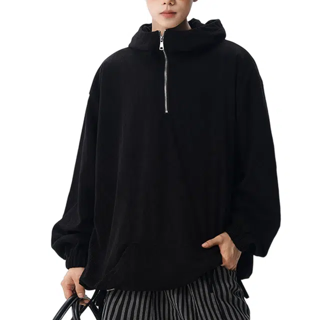 冈哉 灯芯绒纹理连帽半拉链设计美式复古慵懒高级感重磅宽松百搭休闲套头上衣外套卫衣 男女同款
