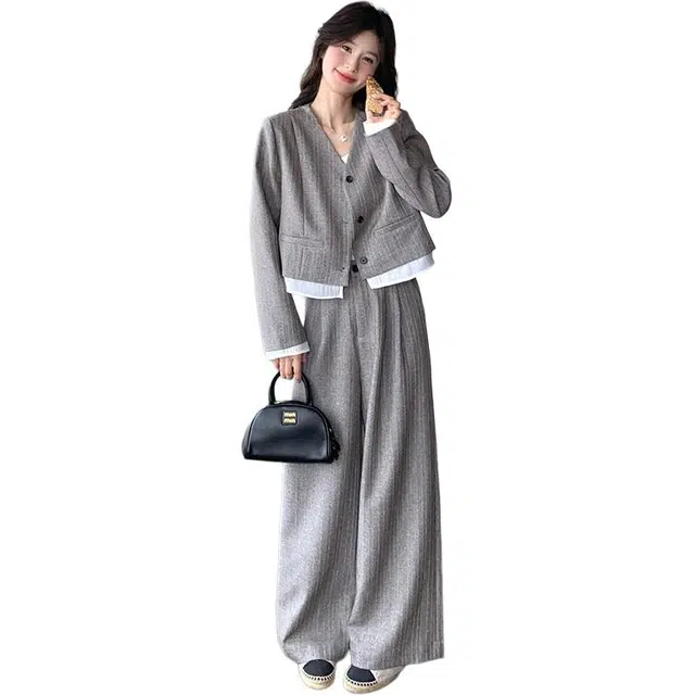 袋鼠 轻熟风显瘦条纹外套气质阔腿长裤两件套休闲套装 女款