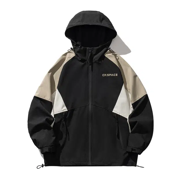 中国航天 防风防水双拉链休闲运动宽松工装大口袋上衣青少年学生拼接撞色美式冲锋机能风插肩山系户外基础款连帽外套夹克 男女同款