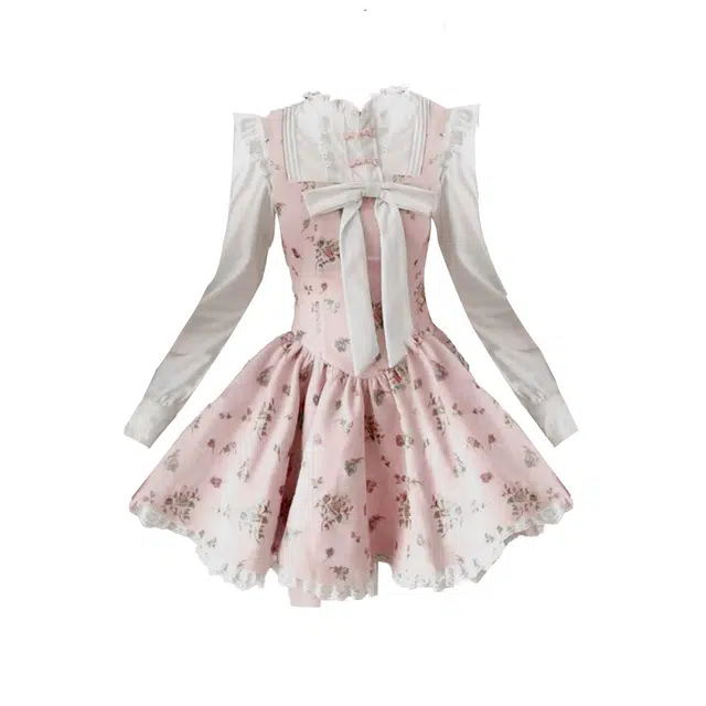 哒头下雨不愁 韩式纯欲复古碎花蝴蝶结收腰显瘦公主裙长袖连衣裙 女款