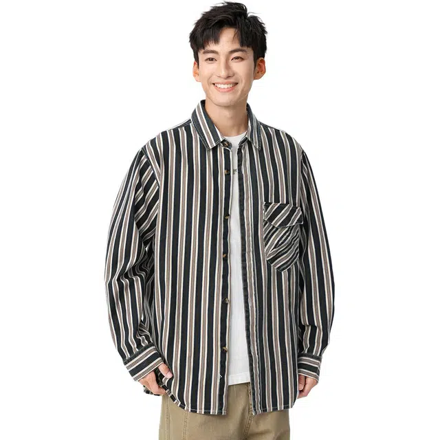 米素力 条纹外搭痞帅落肩袖长袖休闲风衬衫 男女同款