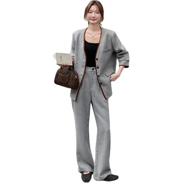 稻草人 时尚轻便舒适简约单排扣外套裤子秋冬套装 女款