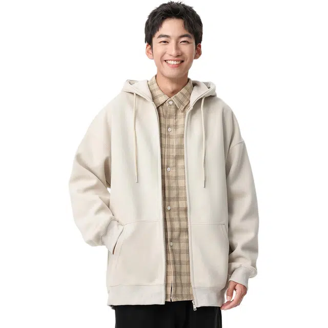 米素力 百搭纯色连帽落肩袖休闲风开衫卫衣 男女同款