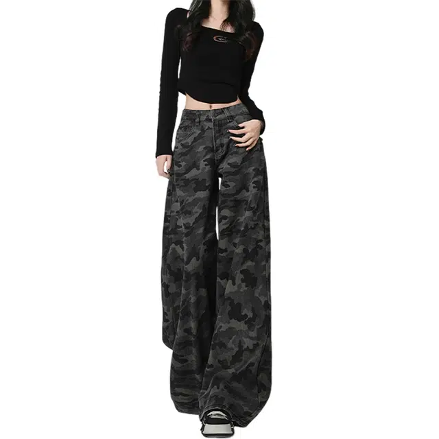 么宁 美式复古迷彩阔腿裤女宽松直筒高腰显瘦小个子休闲工装裤百搭牛仔裤 女款