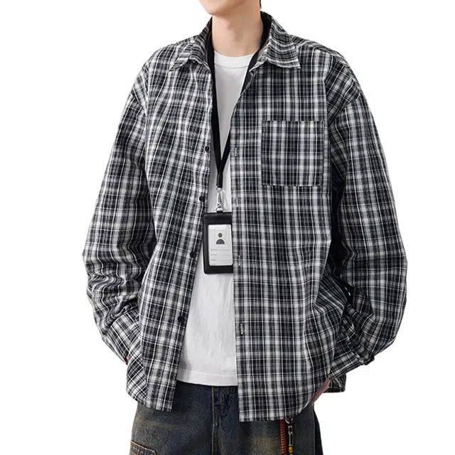 冈哉 含羞扎染条纹水洗格子拼接单排扣衬衣美式学院风休闲宽松舒适日常通勤百搭潮流痞帅翻领外套长袖衬衫 男女同款