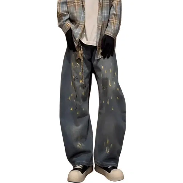 单爵 美式泼墨涂鸦弯刀微喇裤男款秋季潮牌痞帅炸街裤子牛仔裤 男女同款
