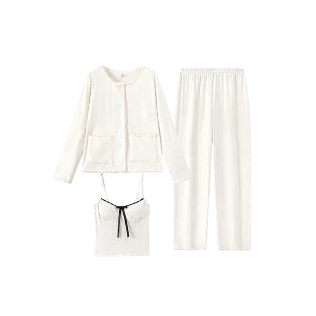 潞优野 高级感海岛绒亲肤保暖自带胸垫吊带家居服长袖开衫春秋款睡衣套装 女款