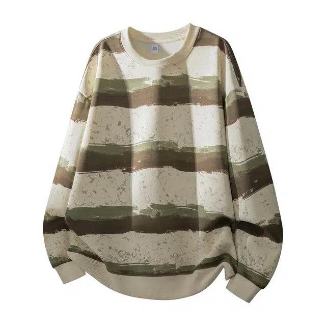 稻草人 美式高级设计感撞色条纹上衣男生春秋季港风潮牌休闲运动宽松百搭圆领长袖套头打底衫卫衣 男女同款