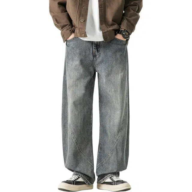 米素力 水洗复古秋季宽松美式中腰牛仔裤 男女同款
