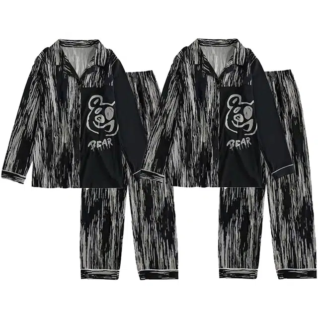 静英鸾 棉质长袖长裤翻领开衫卡通条纹小熊情侣休闲家居服秋冬季睡衣套装 男女同款
