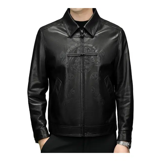 太子龍 秋冬季真皮中老年翻领印花盘扣山羊皮皮衣 男款