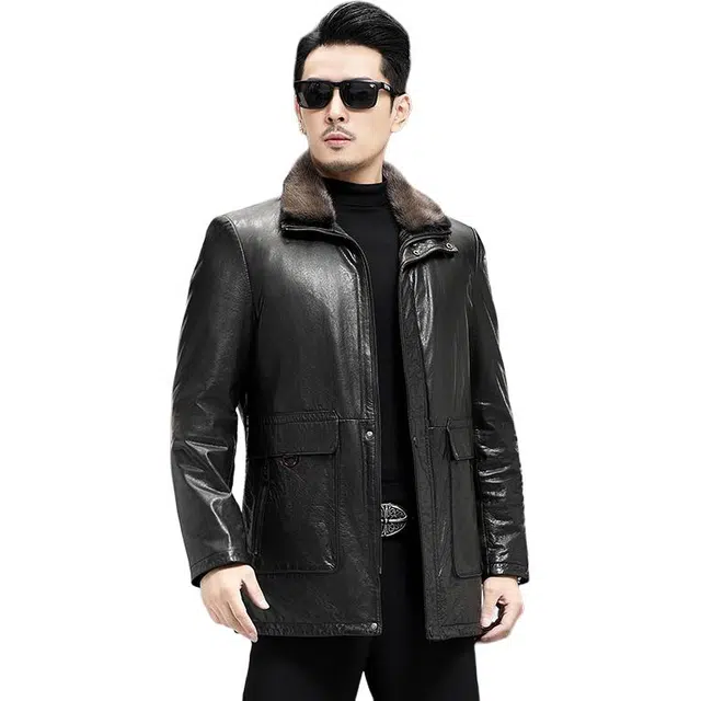 比利斯山羊 时尚休闲水貂毛领真皮皮衣 男女同款