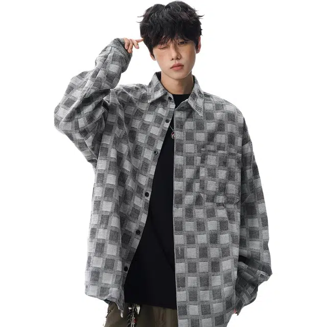 佐菲利 美式棋盘格慵懒老钱风高级感长袖衬衣小众潮牌复古上衣衬衫 男女同款