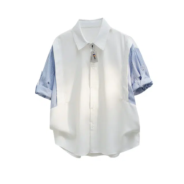 地界二 假两件短袖夏季高级感条纹衬衣撞色拼接外套衬衫 男款