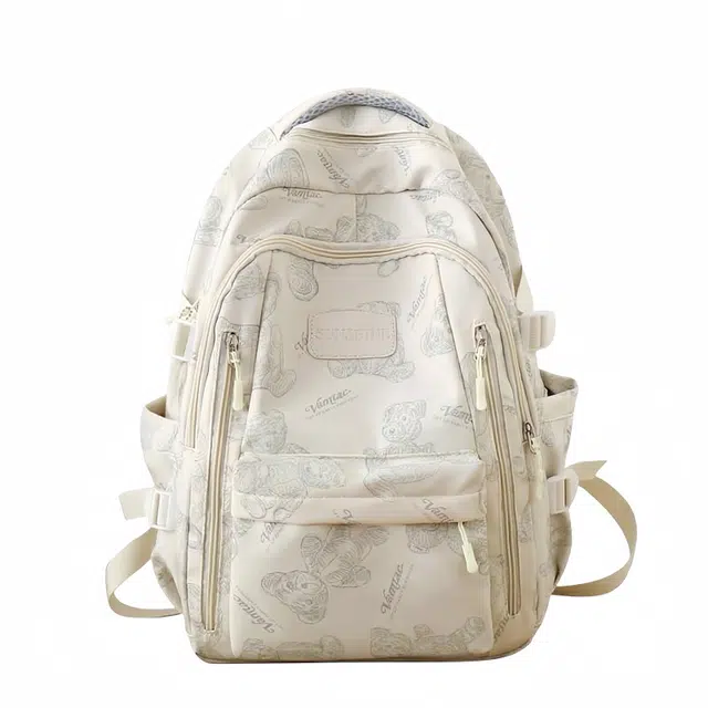 單倉 简约百搭印花小熊设计双肩包初高中学生大容量时尚潮流通勤旅行 尼龙 书包背包 常规 男女同款情侣款 米白色/灰色/黑色/紫色/绿色