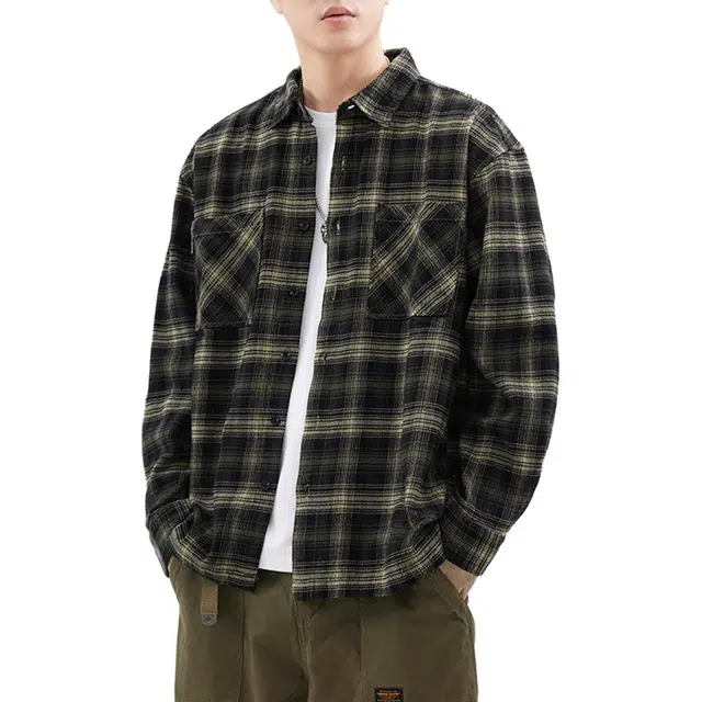 瑞梵帝斯 日系复古宽松休闲亲肤舒适柔软透气时尚百搭耐脏耐磨潮牌重磅水洗纯棉格子设计长袖衬衫 男款