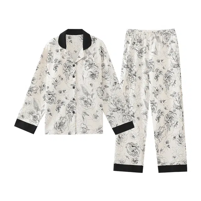 莫代尔 宽松显瘦舒适翻领开衫时尚百搭个性长袖长裤家居服可外穿睡衣套装 女款