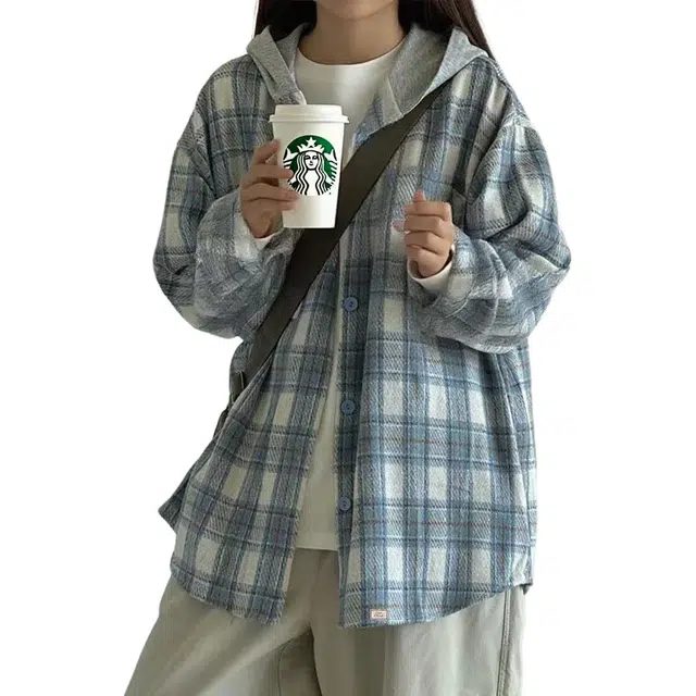 北欧攻略 韩系简约磨毛蓝格子连帽日系高级感宽松休闲长袖上衣外套复古秋冬衬衫 男女同款